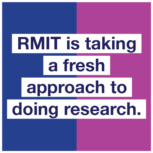 Branded graphic square background with caption: RMIT is taking a fresh approach to doing research.