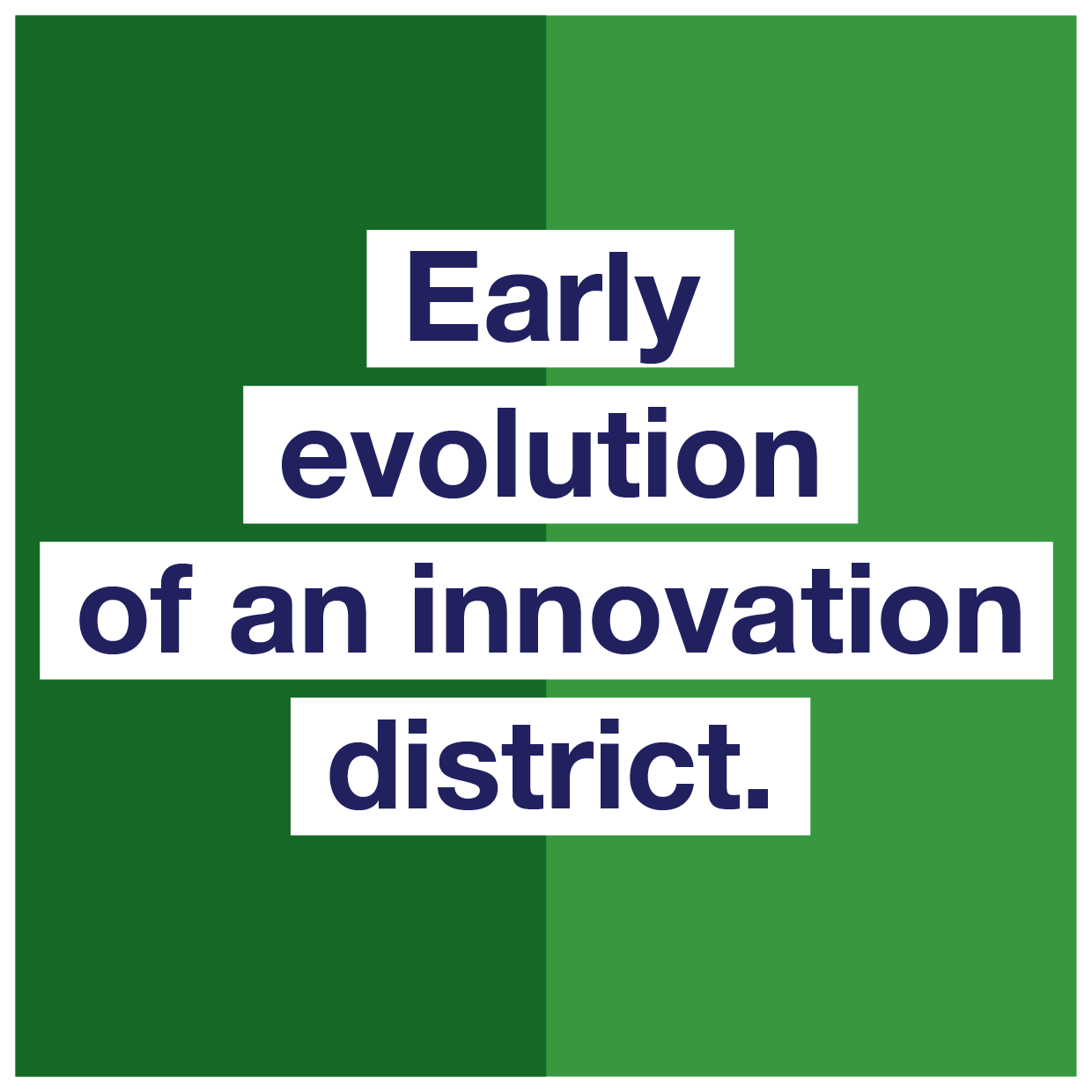 Branded graphic square background with heading: Early evolution of an innovation district.