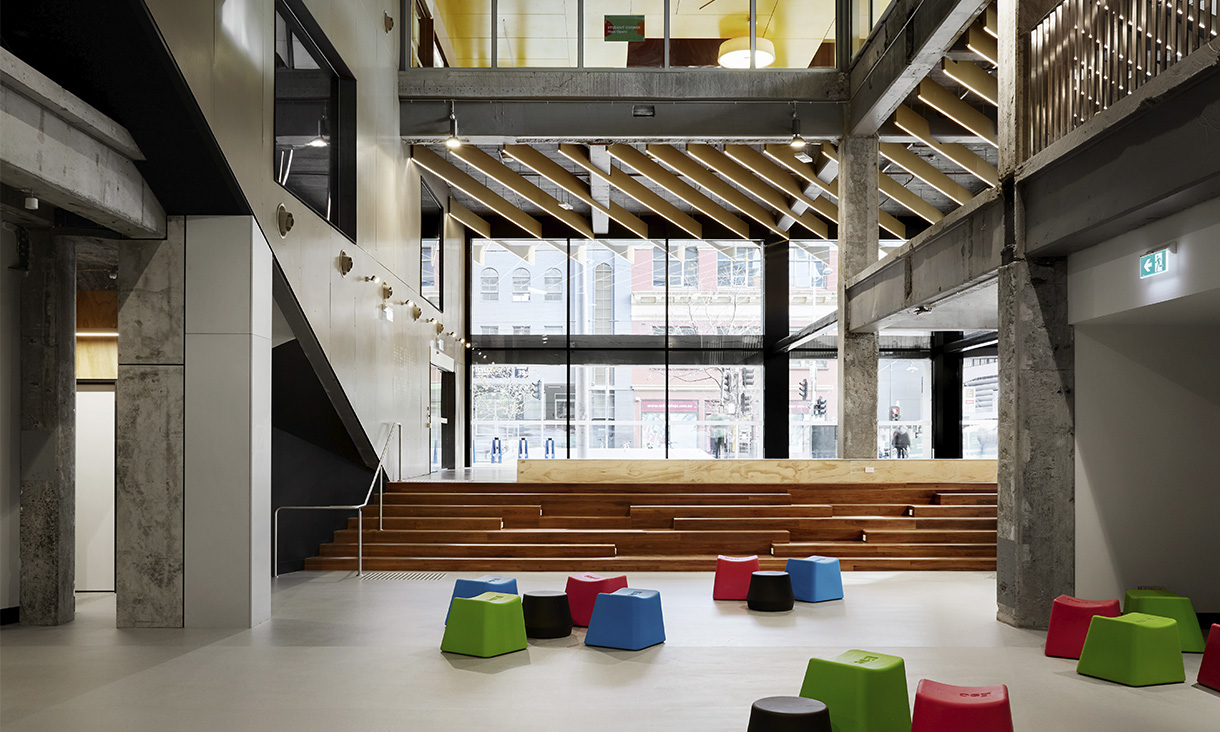 Inside collaboration space of New Academic Street (NAS) with Swanston street view.