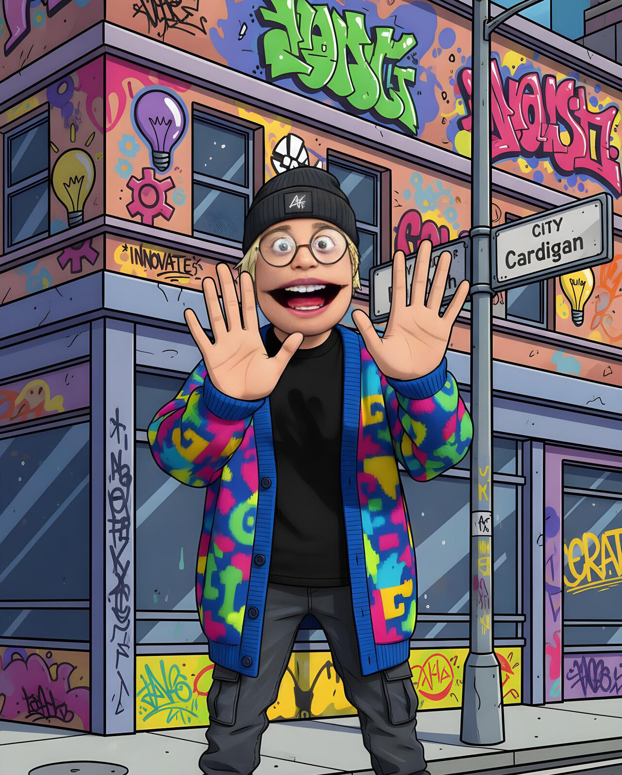 A bright, colourful cartoon character stands at a street corner, wearing a colourful jacket and surrounded by colourful graffiti. 