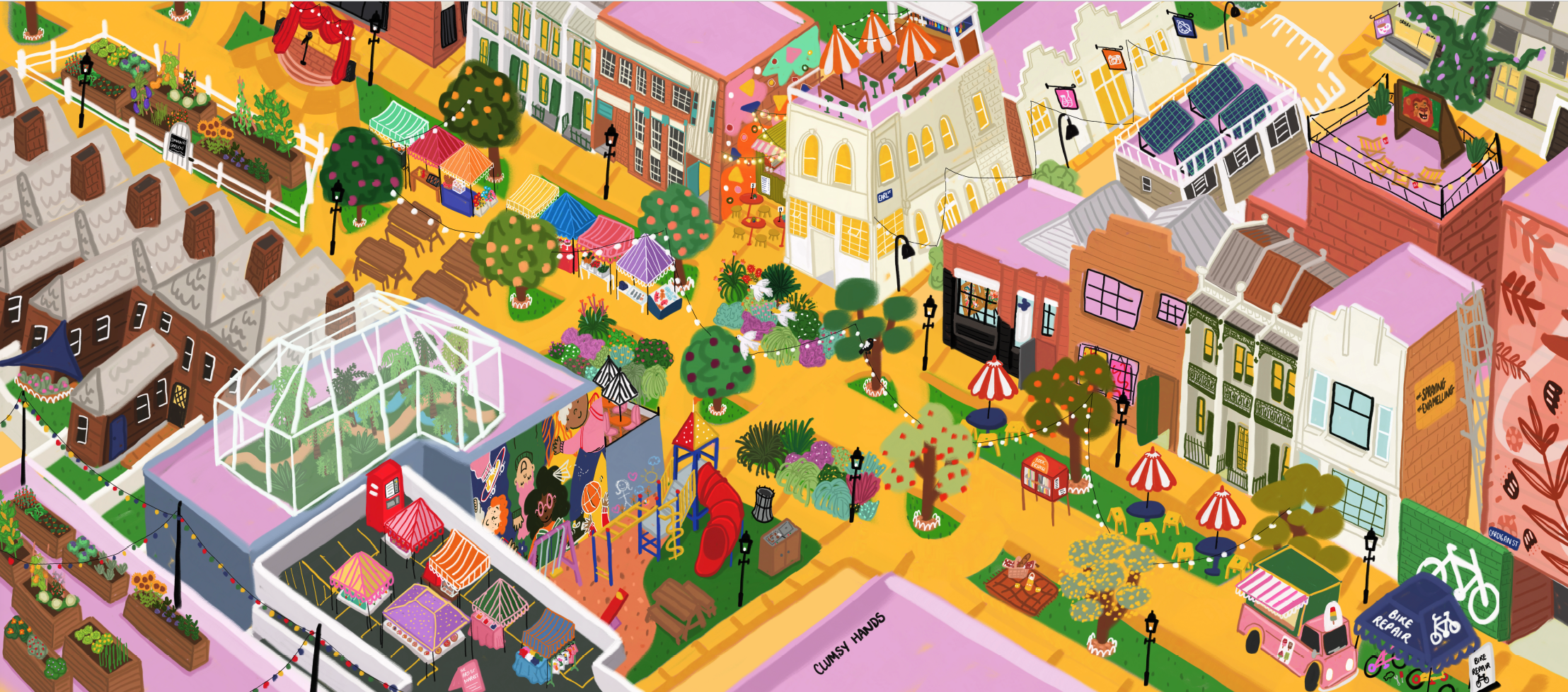 A colourful digital bird's-eye-view cartoon of a town with buildings, trees, community veggie gardens, and market-stall tents.