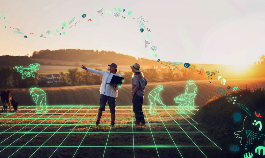 Two people are standing and pointing outside in a paddock with illustrations around them like a dream